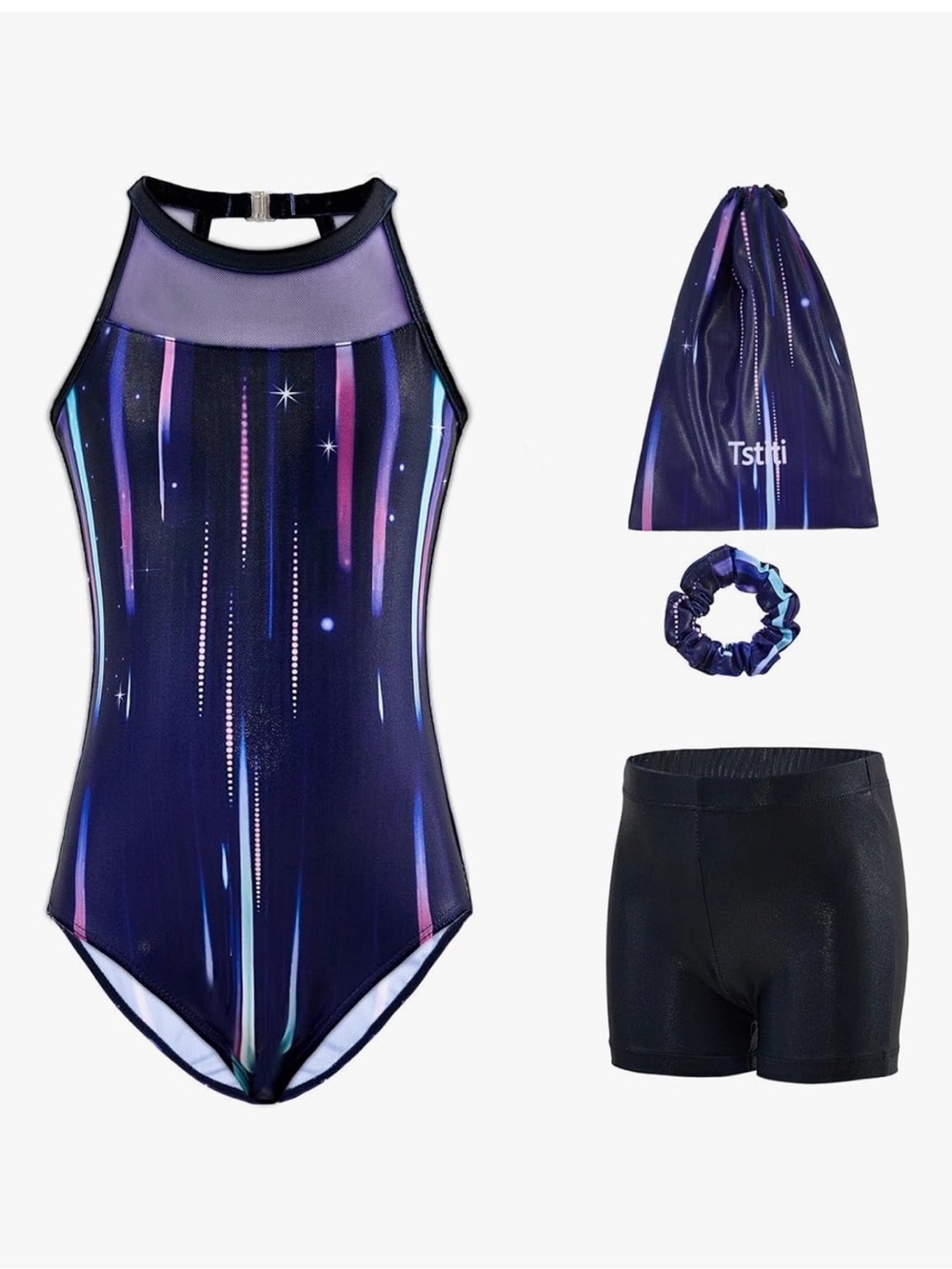 Galaxy Stripe High Neck Leotard Set with Scrunchie & Shorts